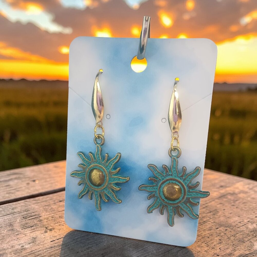 Rustic Boho Sun Charm Earrings Bronze with Green Patina